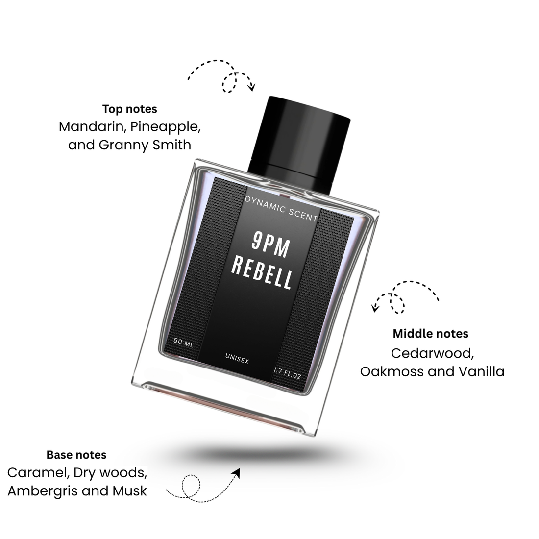 9pm rebell, dynamic scent, unisex perfume, perfume for men, perfume for women, 50ml perfume, fruity perfume, woody perfume, vanilla perfume, caramel perfume, musk perfume, premium perfume, evening perfume